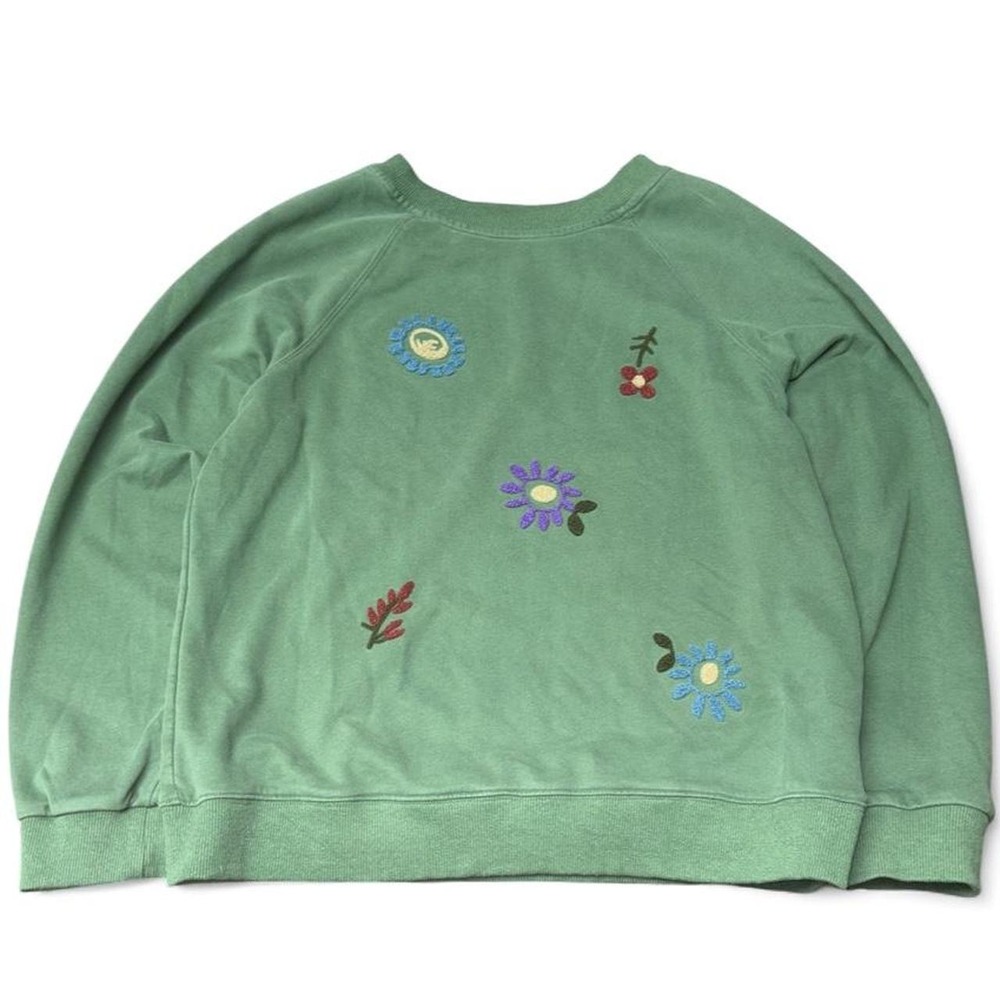 Anthropologie Green Embroidered Floral Crewneck Sweatshirt Size M Cottagecore